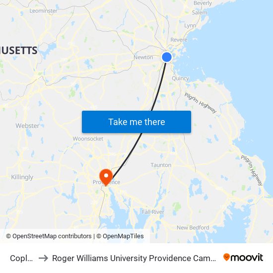 Copley to Roger Williams University Providence Campus map
