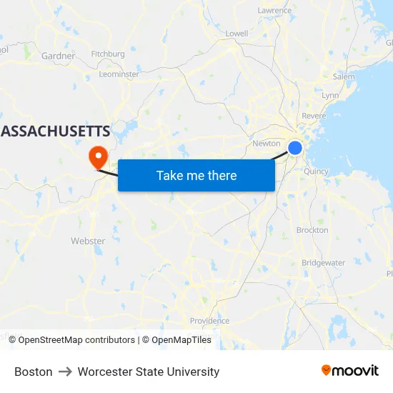 Boston to Worcester State University map