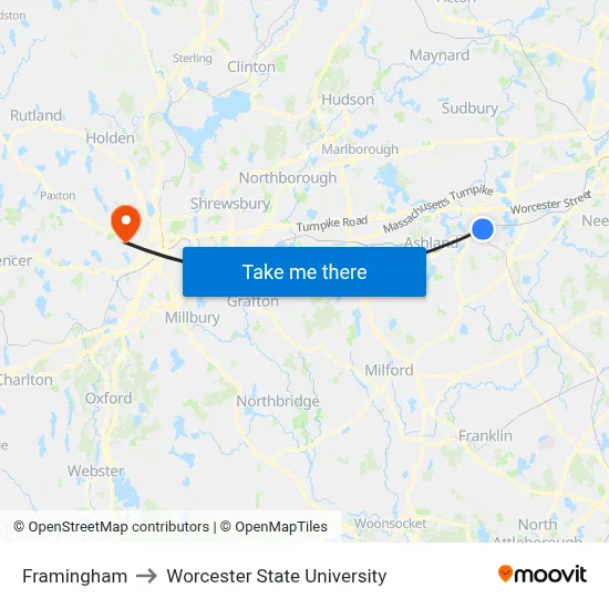 Framingham to Worcester State University map