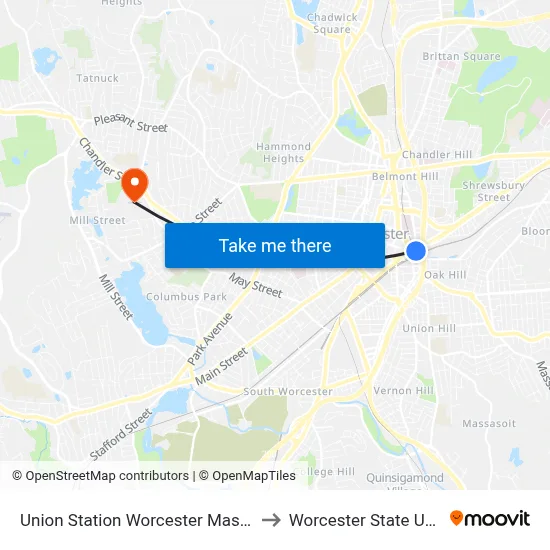 Union Station Worcester Massachusetts to Worcester State University map