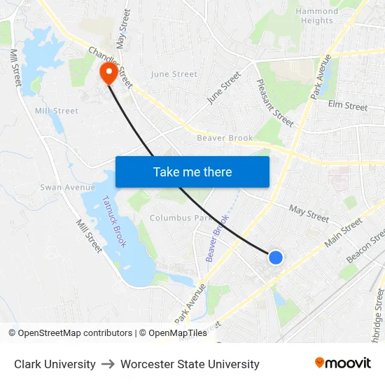 Clark University to Worcester State University map