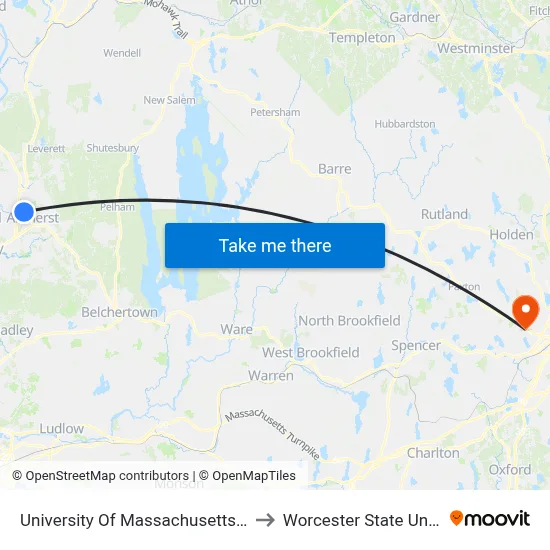 University Of Massachusetts Amherst to Worcester State University map
