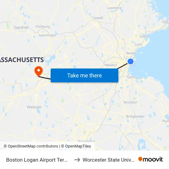 Boston Logan Airport Terminal C to Worcester State University map