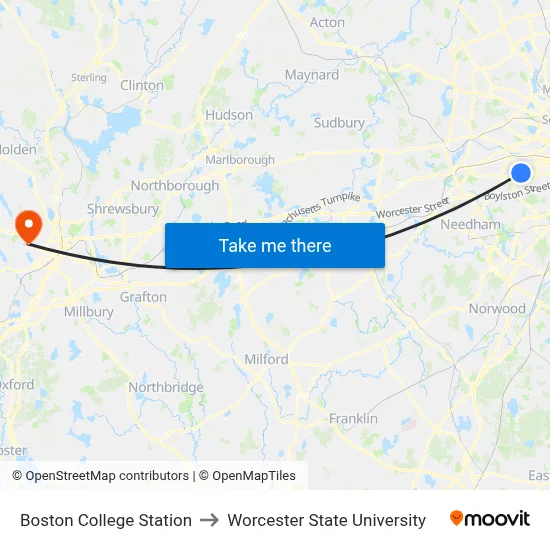 Boston College Station to Worcester State University map