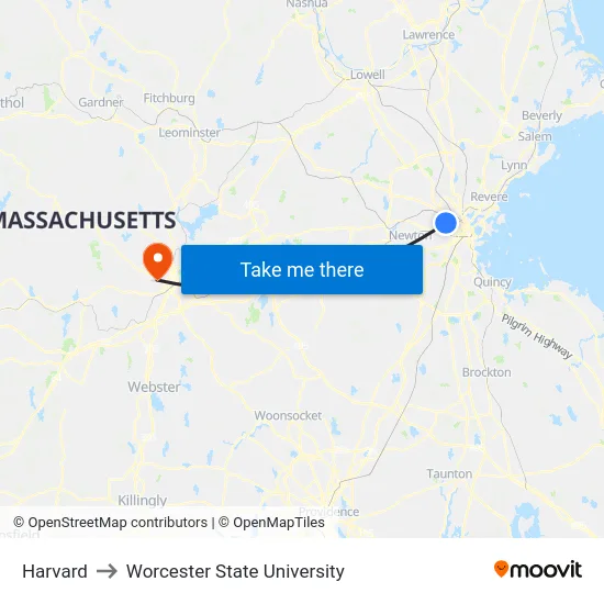 Harvard to Worcester State University map