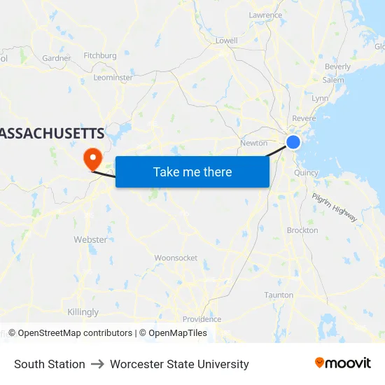 South Station to Worcester State University map