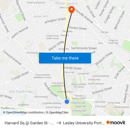 Harvard Sq @ Garden St - Dawes Island to Lesley University Porter Campus map