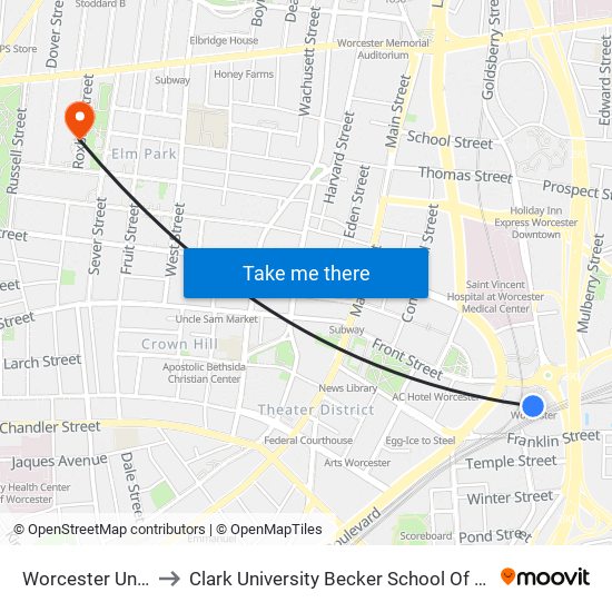 Worcester Union Station to Clark University Becker School Of Design And Technology map