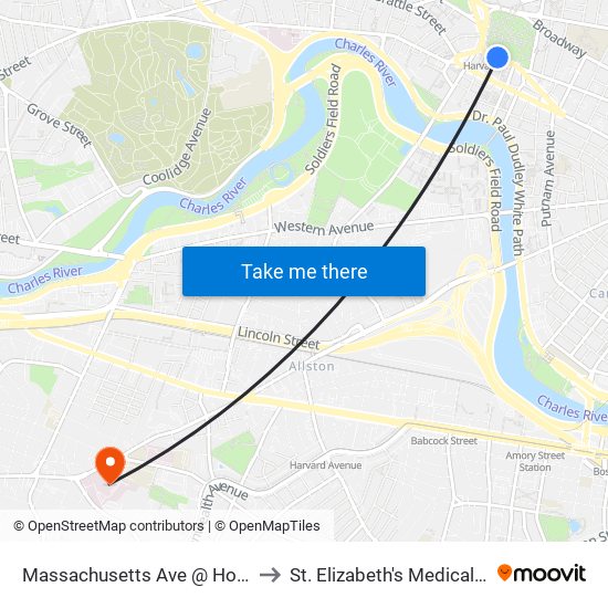 Massachusetts Ave @ Holyoke St to St. Elizabeth's Medical Center map