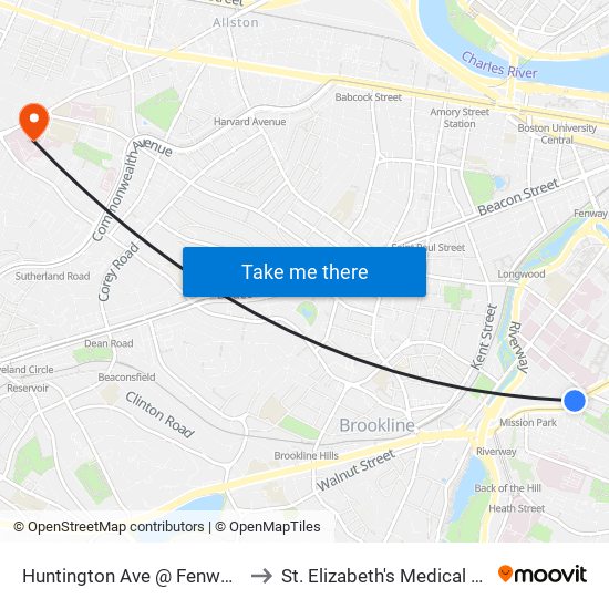 Huntington Ave @ Fenwood Rd to St. Elizabeth's Medical Center map