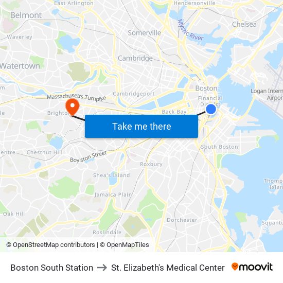 Boston South Station to St. Elizabeth's Medical Center map