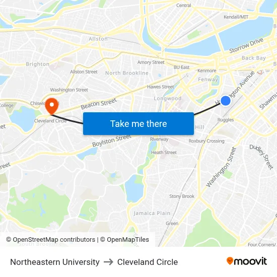 Northeastern University to Cleveland Circle map