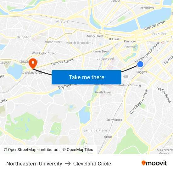 Northeastern University to Cleveland Circle map
