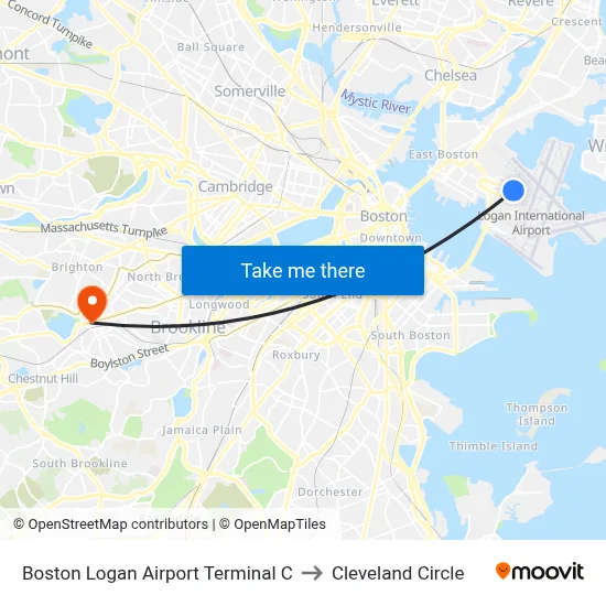 Boston Logan Airport Terminal C to Cleveland Circle map