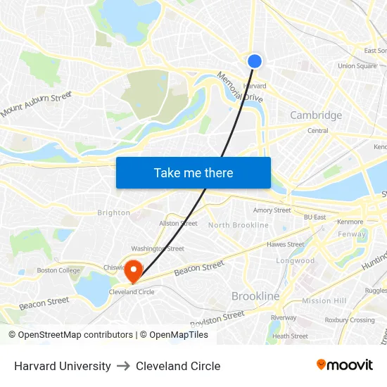 Harvard University to Cleveland Circle map