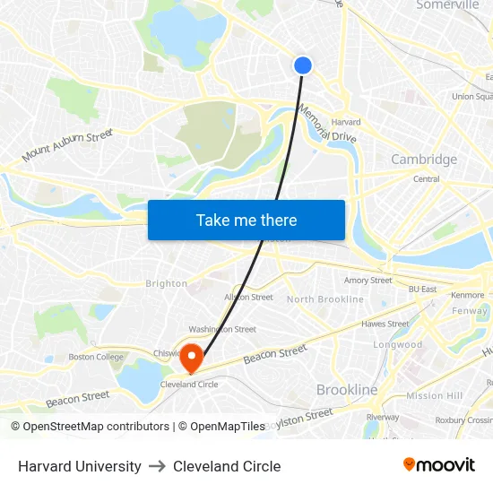 Harvard University to Cleveland Circle map