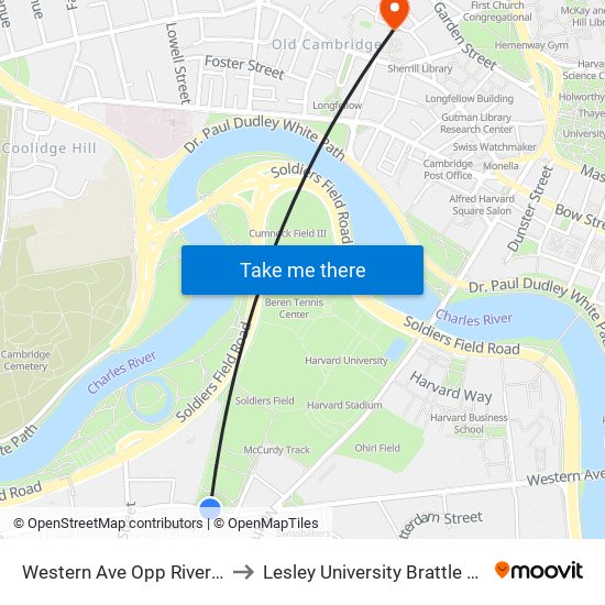 Western Ave Opp Riverdale St to Lesley University Brattle Campus map