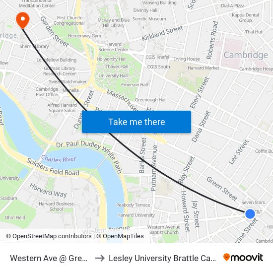 Western Ave @ Green St to Lesley University Brattle Campus map