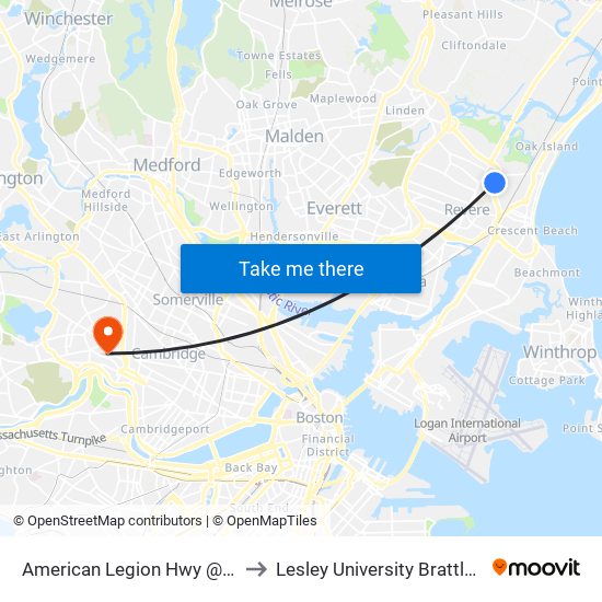 American Legion Hwy @ Revere St to Lesley University Brattle Campus map