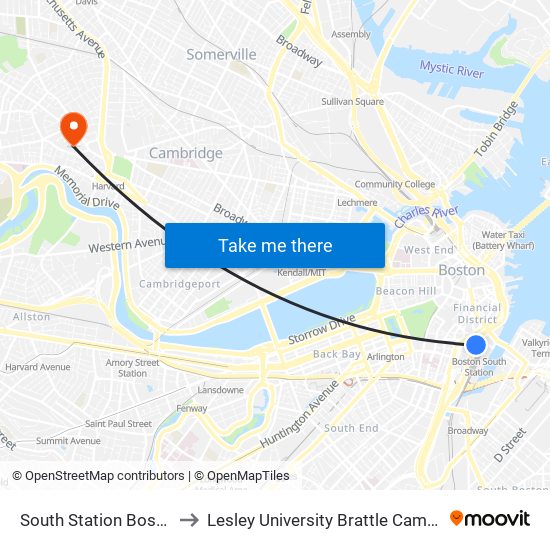 South Station Boston to Lesley University Brattle Campus map