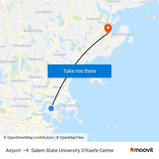 Airport to Salem State University O'Keefe Center map