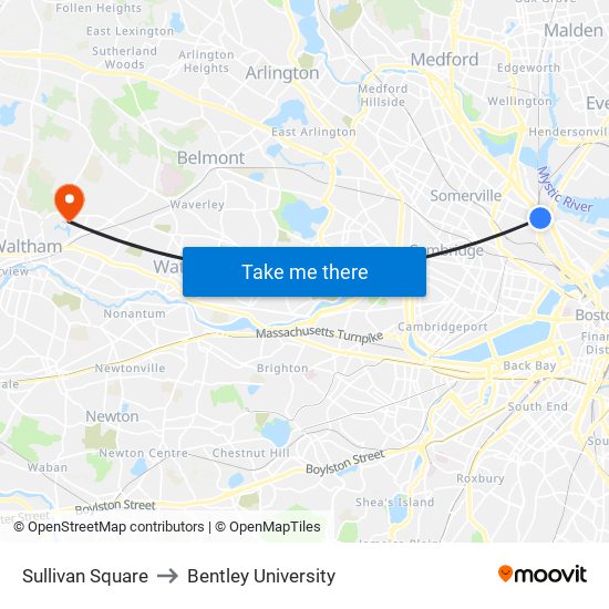 Sullivan Square to Bentley University map