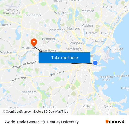 World Trade Center to Bentley University map