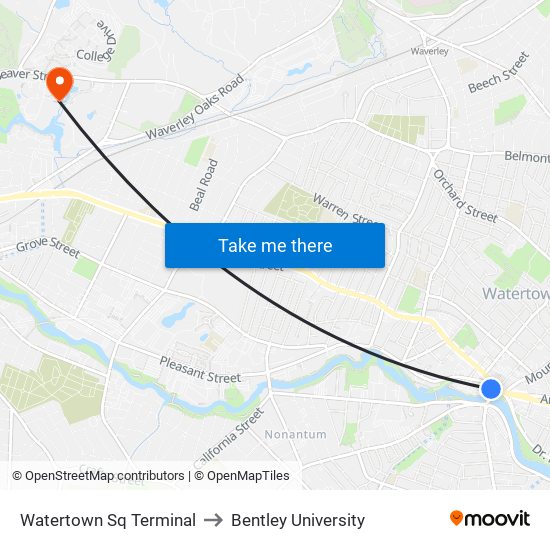 Watertown Sq Terminal to Bentley University map