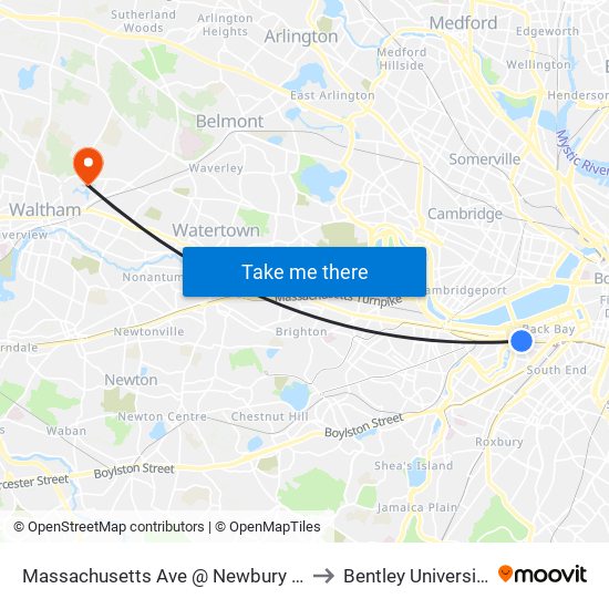 Massachusetts Ave @ Newbury St to Bentley University map