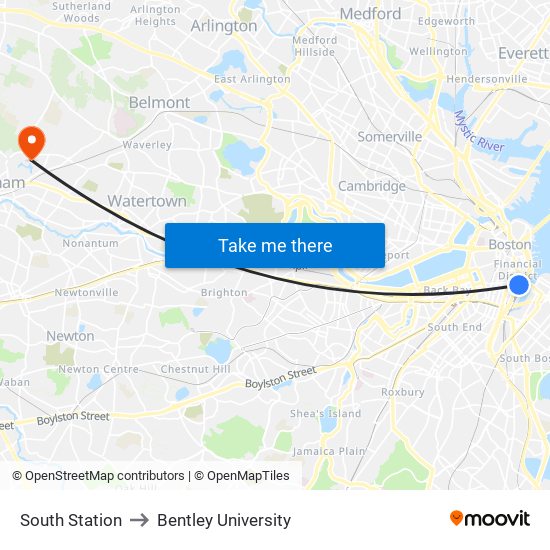 South Station to Bentley University map