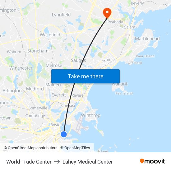 World Trade Center to Lahey Medical Center map