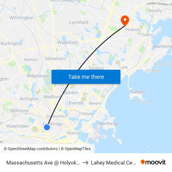 Massachusetts Ave @ Holyoke St to Lahey Medical Center map