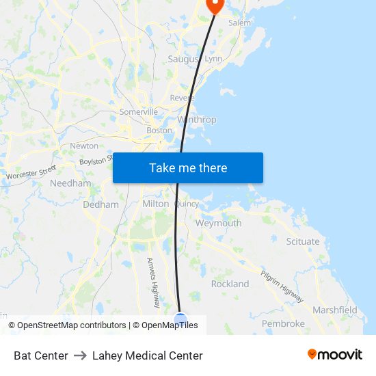 Bat Center to Lahey Medical Center map