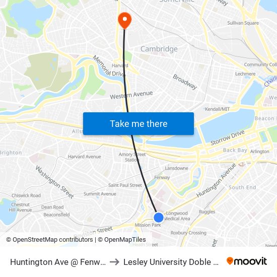 Huntington Ave @ Fenwood Rd to Lesley University Doble Campus map