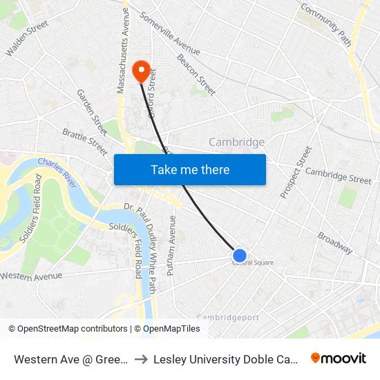 Western Ave @ Green St to Lesley University Doble Campus map