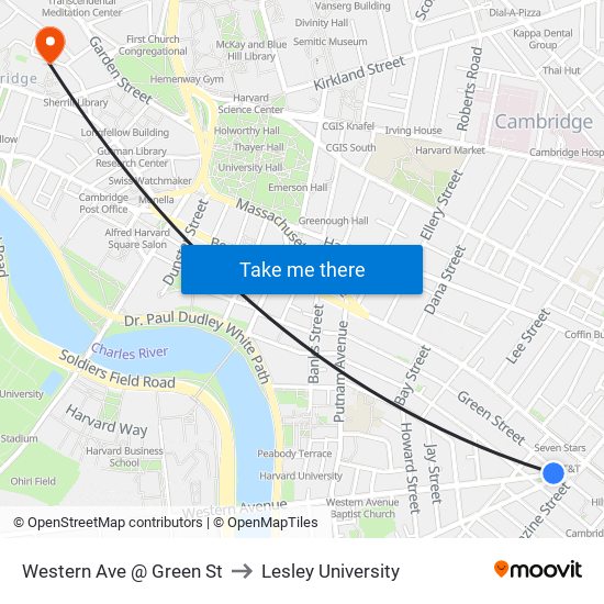 Western Ave @ Green St to Lesley University map