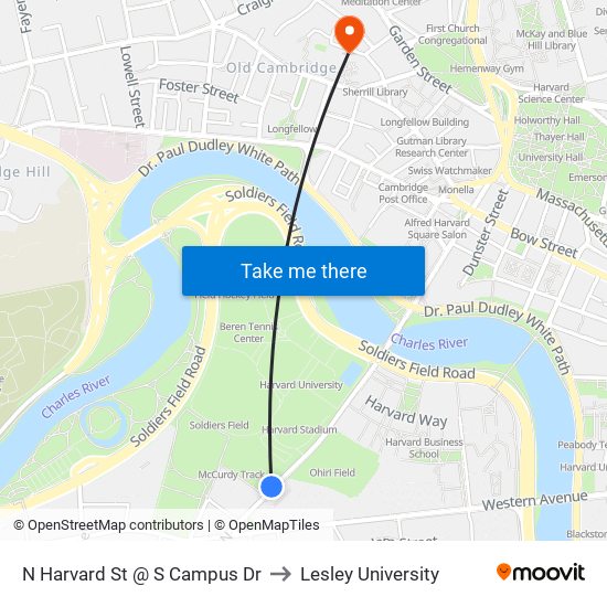 N Harvard St @ S Campus Dr to Lesley University map