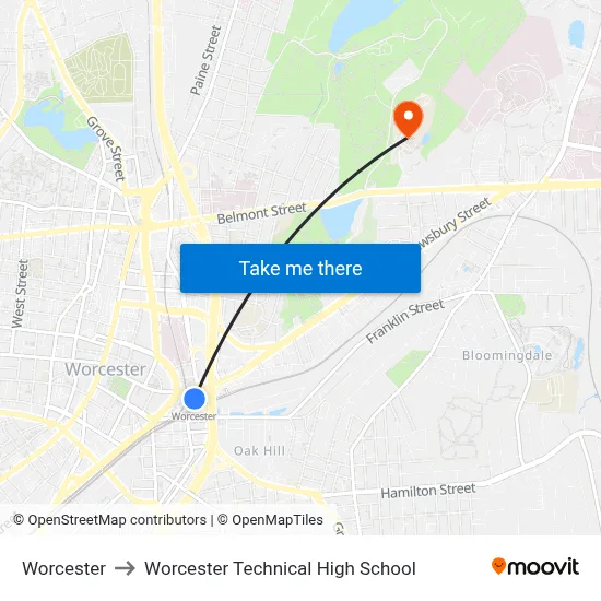 Worcester to Worcester Technical High School map