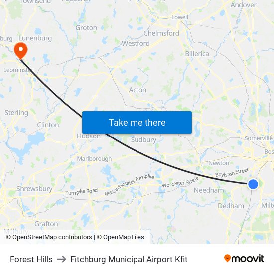 Forest Hills to Fitchburg Municipal Airport Kfit map