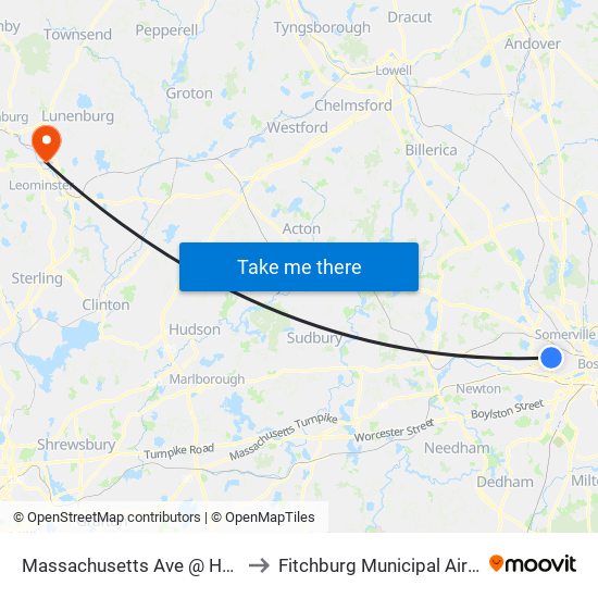 Massachusetts Ave @ Holyoke St to Fitchburg Municipal Airport Kfit map