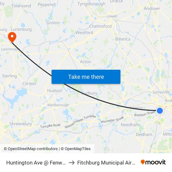 Huntington Ave @ Fenwood Rd to Fitchburg Municipal Airport Kfit map