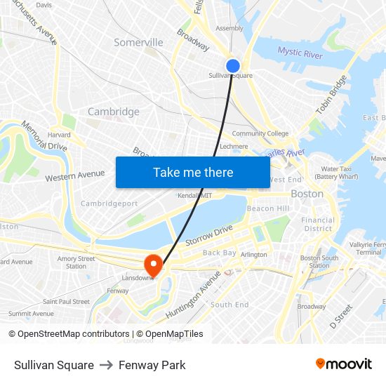 Sullivan Square to Fenway Park map