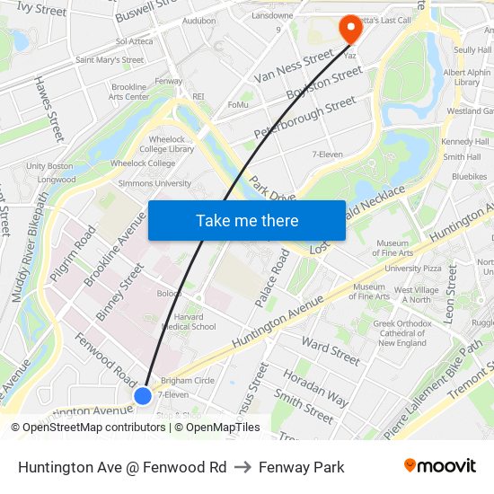 Huntington Ave @ Fenwood Rd to Fenway Park map