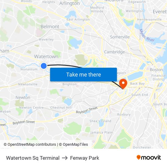 Watertown Sq Terminal to Fenway Park map