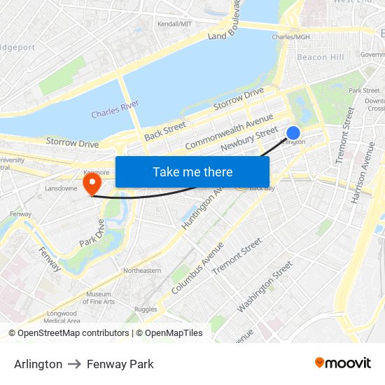 Arlington to Fenway Park map