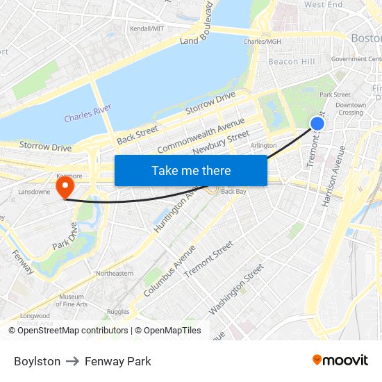 Boylston to Fenway Park map