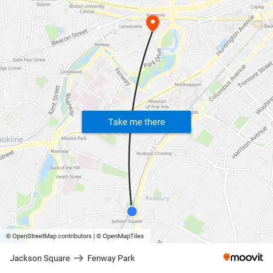 Jackson Square to Fenway Park map