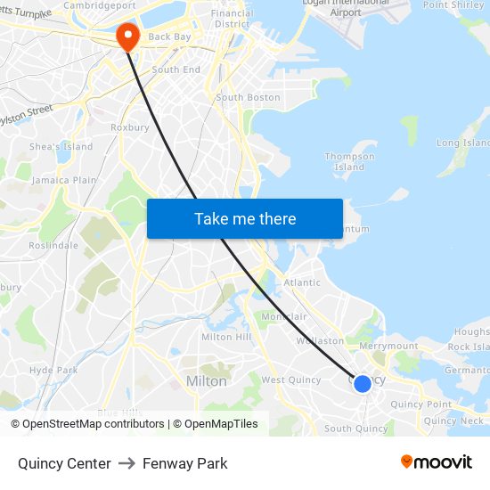 Quincy Center to Fenway Park map