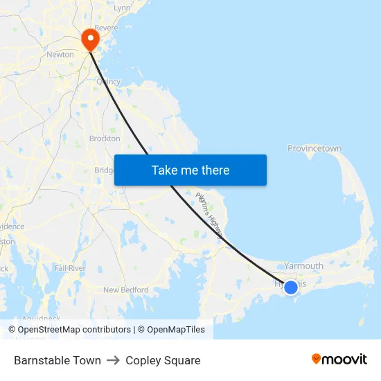 Barnstable Town to Copley Square map