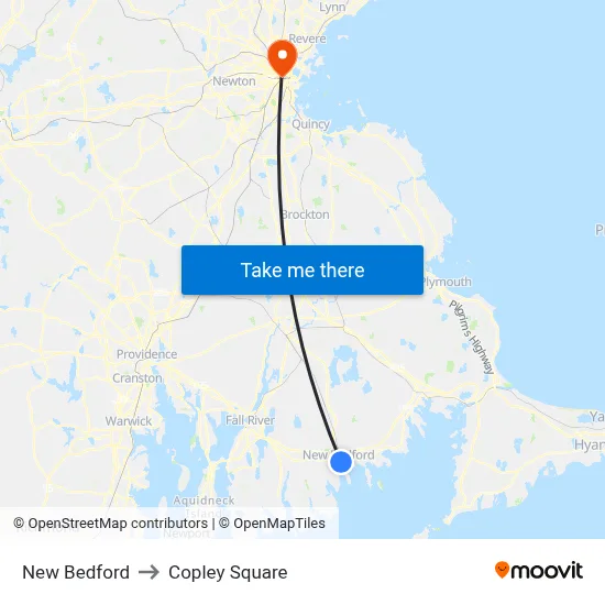 New Bedford to Copley Square map